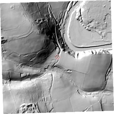Shaded relief map of the ground around PL189BY, computed from Environment Agency LiDAR. The ground here sits at about 46 m above sea level and falls 121 m across the surrounding 800 m. Surface water reaching this point runs off ground lying to the north-west, 72.1 m higher.