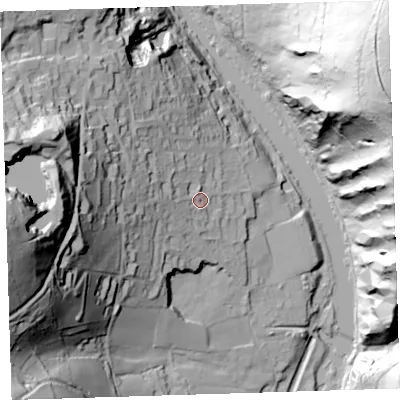 Shaded relief map of the ground around PL189DF, computed from Environment Agency LiDAR. The ground here sits at about 28 m above sea level and falls 126 m across the surrounding 800 m. Surface water reaching this point runs off ground lying to the west, 45.7 m higher.