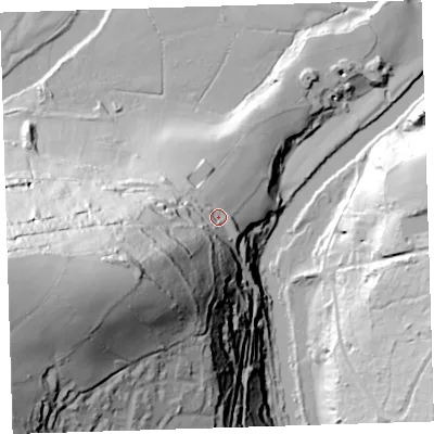 Shaded relief map of the ground around PL189LH, computed from Environment Agency LiDAR. The ground here sits at about 28 m above sea level and falls 114 m across the surrounding 800 m. Surface water reaching this point runs off ground lying to the west-south-west, 83.3 m higher.