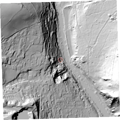 Shaded relief map of the ground around PL189LQ, computed from Environment Agency LiDAR. The ground here sits at about 12 m above sea level and falls 119 m across the surrounding 800 m. Surface water reaching this point runs off ground lying to the south-west, 99.1 m higher.