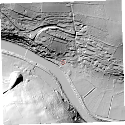 Shaded relief map of the ground around PL189QA, computed from Environment Agency LiDAR. The ground here sits at about 4 m above sea level and falls 94 m across the surrounding 800 m. Surface water reaching this point runs off ground lying to the north-north-west, 41.7 m higher.