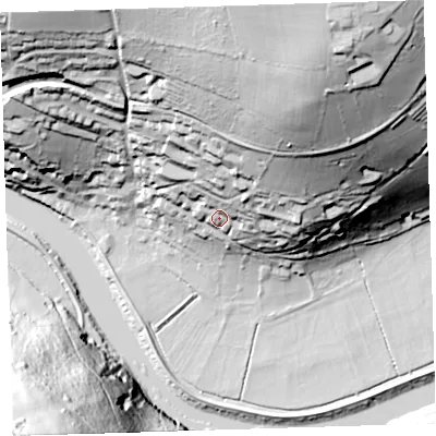 Shaded relief map of the ground around PL189QN, computed from Environment Agency LiDAR. The ground here sits at about 20 m above sea level and falls 95 m across the surrounding 800 m. Surface water reaching this point runs off ground lying to the north-north-east, 35.8 m higher.