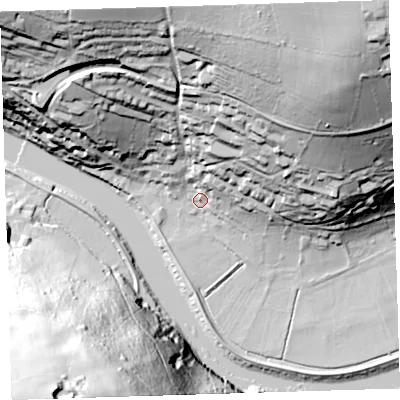 Shaded relief map of the ground around PL189QS, computed from Environment Agency LiDAR. The ground here sits at about 7 m above sea level and falls 98 m across the surrounding 800 m. Surface water reaching this point runs off ground lying to the north-east, 76.4 m higher.