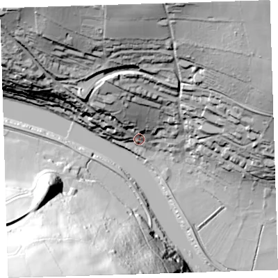 Shaded relief map of the ground around PL189QT, computed from Environment Agency LiDAR. The ground here sits at about 10 m above sea level and falls 89 m across the surrounding 800 m. Surface water reaching this point runs off ground lying to the north, 38.1 m higher.