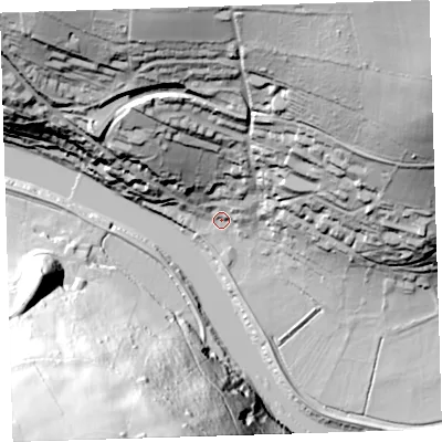 Shaded relief map of the ground around PL189QU, computed from Environment Agency LiDAR. The ground here sits at about 4 m above sea level and falls 94 m across the surrounding 800 m. Surface water reaching this point runs off ground lying to the north-north-west, 41.7 m higher.