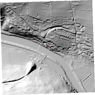 Shaded relief map of the ground around PL189RU, computed from Environment Agency LiDAR. The ground here sits at about 4 m above sea level and falls 89 m across the surrounding 800 m. Surface water reaching this point runs off ground lying to the north-north-east, 84.7 m higher.