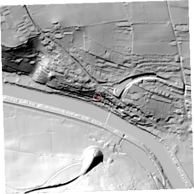 Shaded relief map of the ground around PL189RX, computed from Environment Agency LiDAR. The ground here sits at about 14 m above sea level and falls 98 m across the surrounding 800 m. Surface water reaching this point runs off ground lying to the north, 44.1 m higher.