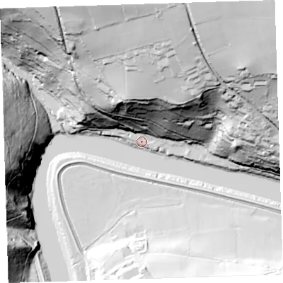 Shaded relief map of the ground around PL189RY, computed from Environment Agency LiDAR. The ground here sits at about 3 m above sea level and falls 100 m across the surrounding 800 m. Surface water reaching this point runs off ground lying to the north, 99.5 m higher.