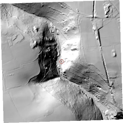 Shaded relief map of the ground around PL189RZ, computed from Environment Agency LiDAR. The ground here sits at about 26 m above sea level and falls 127 m across the surrounding 800 m. Surface water reaching this point runs off ground lying to the north-north-east, 100.7 m higher.