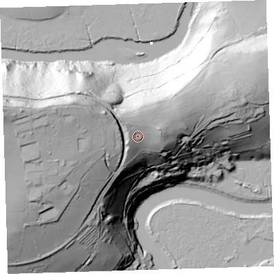 Shaded relief map of the ground around PL189SQ, computed from Environment Agency LiDAR. The ground here sits at about 67 m above sea level and falls 99 m across the surrounding 800 m. Surface water reaching this point runs off ground lying to the north-west, 9.6 m higher.