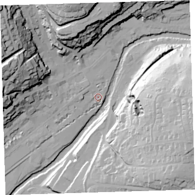 Shaded relief map of the ground around PL190AA, computed from Environment Agency LiDAR. The ground here sits at about 80 m above sea level and falls 66 m across the surrounding 800 m. Surface water reaching this point runs off ground lying to the north-west, 3.0 m higher.