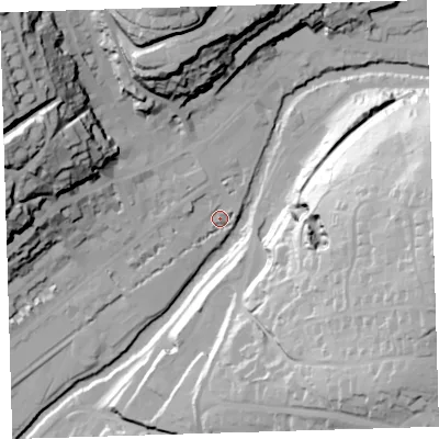 Shaded relief map of the ground around PL190AB, computed from Environment Agency LiDAR. The ground here sits at about 80 m above sea level and falls 65 m across the surrounding 800 m. Surface water reaching this point runs off ground lying to the west-north-west, 5.2 m higher.