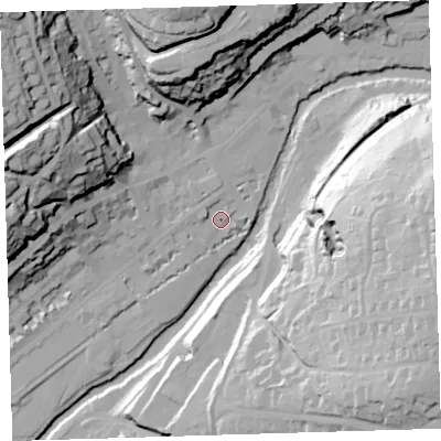 Shaded relief map of the ground around PL190AD, computed from Environment Agency LiDAR. The ground here sits at about 80 m above sea level and falls 63 m across the surrounding 800 m. Surface water reaching this point runs off ground lying to the north, 3.0 m higher.