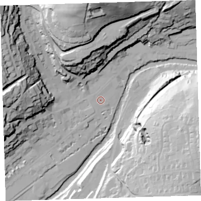 Shaded relief map of the ground around PL190AE, computed from Environment Agency LiDAR. The ground here sits at about 81 m above sea level and falls 75 m across the surrounding 800 m. Surface water reaching this point runs off ground lying to the north, 64.1 m higher.