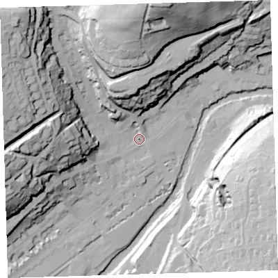 Shaded relief map of the ground around PL190AG, computed from Environment Agency LiDAR. The ground here sits at about 83 m above sea level and falls 79 m across the surrounding 800 m. Surface water reaching this point runs off ground lying to the north-west, 56.2 m higher.