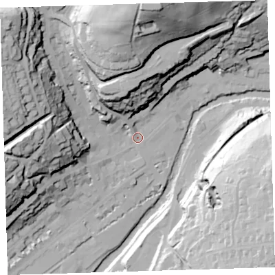 Shaded relief map of the ground around PL190AH, computed from Environment Agency LiDAR. The ground here sits at about 83 m above sea level and falls 79 m across the surrounding 800 m. Surface water reaching this point runs off ground lying to the north-west, 55.5 m higher.