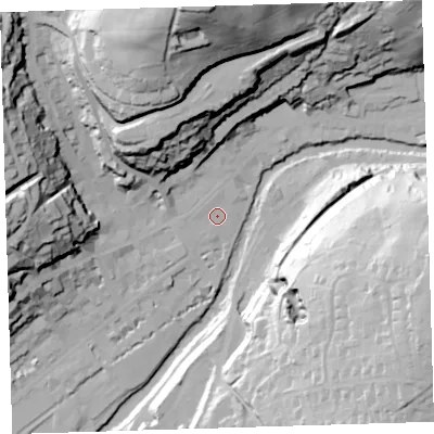 Shaded relief map of the ground around PL190AL, computed from Environment Agency LiDAR. The ground here sits at about 81 m above sea level and falls 79 m across the surrounding 800 m. Surface water reaching this point runs off ground lying to the north-north-west, 67.8 m higher.