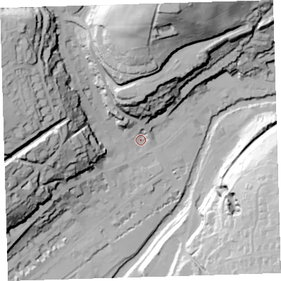 Shaded relief map of the ground around PL190AN, computed from Environment Agency LiDAR. The ground here sits at about 83 m above sea level and falls 79 m across the surrounding 800 m. Surface water reaching this point runs off ground lying to the north-west, 56.7 m higher.