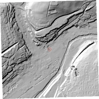 Shaded relief map of the ground around PL190AQ, computed from Environment Agency LiDAR. The ground here sits at about 82 m above sea level and falls 80 m across the surrounding 800 m. Surface water reaching this point runs off ground lying to the north-west, 55.5 m higher.
