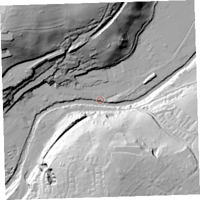 Shaded relief map of the ground around PL190AR, computed from Environment Agency LiDAR. The ground here sits at about 84 m above sea level and falls 80 m across the surrounding 800 m. Surface water reaching this point runs off ground lying to the south-south-east, 59.3 m higher.