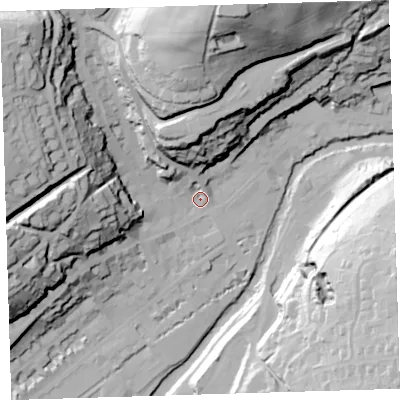 Shaded relief map of the ground around PL190AU, computed from Environment Agency LiDAR. The ground here sits at about 83 m above sea level and falls 79 m across the surrounding 800 m. Surface water reaching this point runs off ground lying to the north-west, 56.4 m higher.