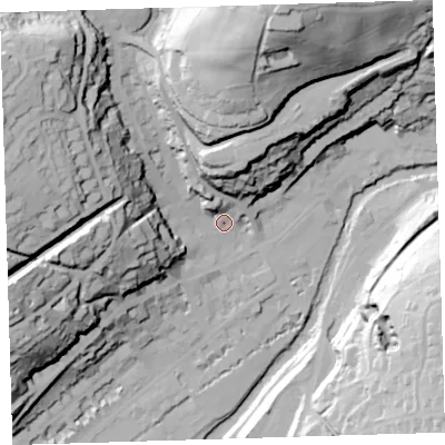 Shaded relief map of the ground around PL190AW, computed from Environment Agency LiDAR. The ground here sits at about 85 m above sea level and falls 80 m across the surrounding 800 m. Surface water reaching this point runs off ground lying to the west-north-west, 55.5 m higher.