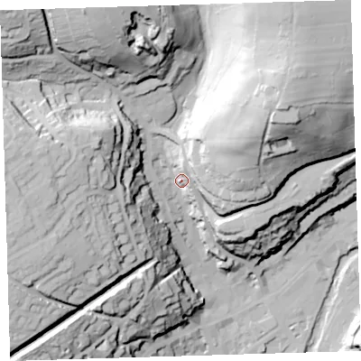 Shaded relief map of the ground around PL190AZ, computed from Environment Agency LiDAR. The ground here sits at about 103 m above sea level and falls 79 m across the surrounding 800 m. Surface water reaching this point runs off ground lying to the north-north-east, 58.3 m higher.