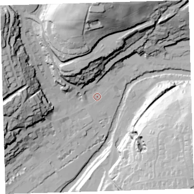 Shaded relief map of the ground around PL190BA, computed from Environment Agency LiDAR. The ground here sits at about 82 m above sea level and falls 80 m across the surrounding 800 m. Surface water reaching this point runs off ground lying to the north, 67.5 m higher.