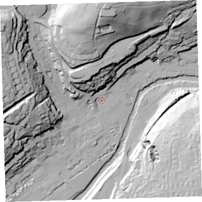 Shaded relief map of the ground around PL190BD, computed from Environment Agency LiDAR. The ground here sits at about 82 m above sea level and falls 80 m across the surrounding 800 m. Surface water reaching this point runs off ground lying to the north, 67.5 m higher.