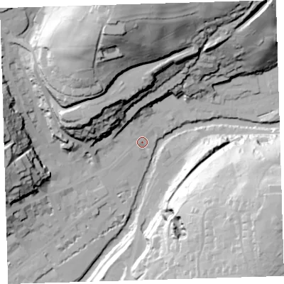 Shaded relief map of the ground around PL190BH, computed from Environment Agency LiDAR. The ground here sits at about 82 m above sea level and falls 81 m across the surrounding 800 m. Surface water reaching this point runs off ground lying to the north-west, 35.3 m higher.