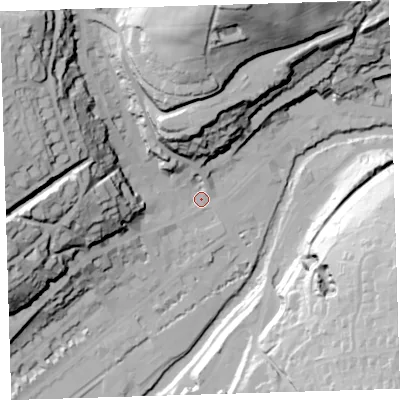 Shaded relief map of the ground around PL190BU, computed from Environment Agency LiDAR. The ground here sits at about 83 m above sea level and falls 79 m across the surrounding 800 m. Surface water reaching this point runs off ground lying to the north-west, 56.4 m higher.