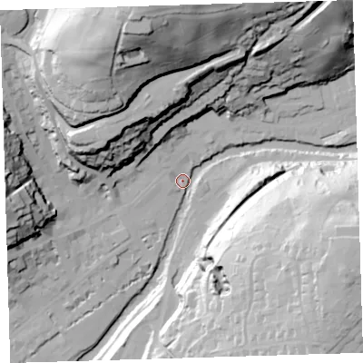 Shaded relief map of the ground around PL190BW, computed from Environment Agency LiDAR. The ground here sits at about 81 m above sea level and falls 80 m across the surrounding 800 m. Surface water reaching this point runs off ground lying to the north-north-west, 75.7 m higher.