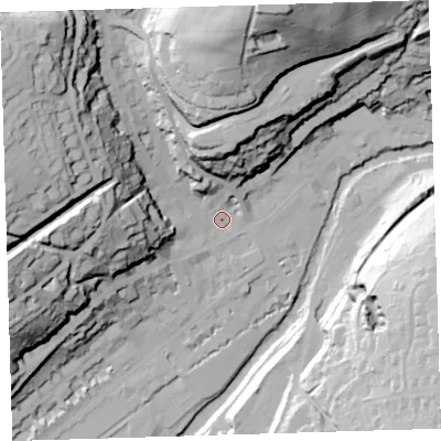 Shaded relief map of the ground around PL190DA, computed from Environment Agency LiDAR. The ground here sits at about 83 m above sea level and falls 79 m across the surrounding 800 m. Surface water reaching this point runs off ground lying to the west-north-west, 57.0 m higher.