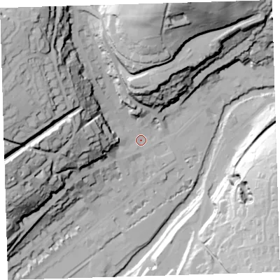 Shaded relief map of the ground around PL190DD, computed from Environment Agency LiDAR. The ground here sits at about 84 m above sea level and falls 78 m across the surrounding 800 m. Surface water reaching this point runs off ground lying to the north-west, 57.5 m higher.