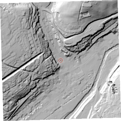 Shaded relief map of the ground around PL190DE, computed from Environment Agency LiDAR. The ground here sits at about 86 m above sea level and falls 80 m across the surrounding 800 m. Surface water reaching this point runs off ground lying to the north-west, 56.7 m higher.