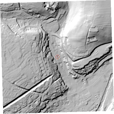 Shaded relief map of the ground around PL190DP, computed from Environment Agency LiDAR. The ground here sits at about 99 m above sea level and falls 80 m across the surrounding 800 m. Surface water reaching this point runs off ground lying to the north-east, 58.6 m higher.