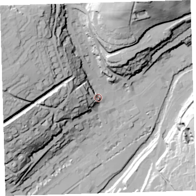 Shaded relief map of the ground around PL190DS, computed from Environment Agency LiDAR. The ground here sits at about 91 m above sea level and falls 79 m across the surrounding 800 m. Surface water reaching this point runs off ground lying to the west-north-west, 26.5 m higher.