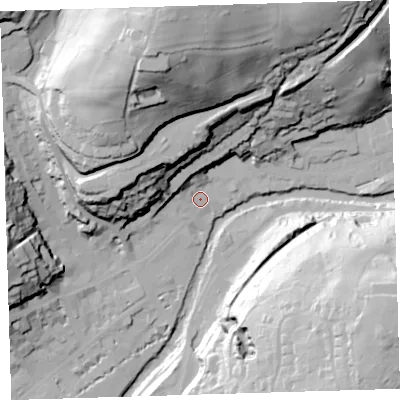 Shaded relief map of the ground around PL190HD, computed from Environment Agency LiDAR. The ground here sits at about 83 m above sea level and falls 81 m across the surrounding 800 m. Surface water reaching this point runs off ground lying to the north, 73.3 m higher.