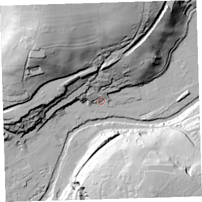 Shaded relief map of the ground around PL190HG, computed from Environment Agency LiDAR. The ground here sits at about 87 m above sea level and falls 80 m across the surrounding 800 m. Surface water reaching this point runs off ground lying to the north, 24.2 m higher.
