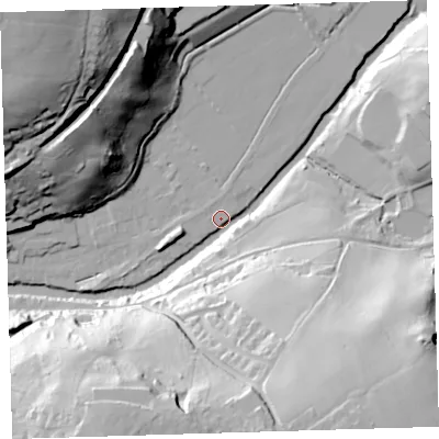 Shaded relief map of the ground around PL190HL, computed from Environment Agency LiDAR. The ground here sits at about 87 m above sea level and falls 71 m across the surrounding 800 m. Surface water reaching this point runs off ground lying to the south-south-east, 56.4 m higher.