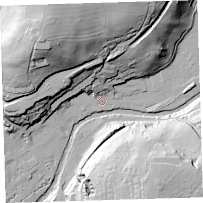 Shaded relief map of the ground around PL190HQ, computed from Environment Agency LiDAR. The ground here sits at about 84 m above sea level and falls 81 m across the surrounding 800 m. Surface water reaching this point runs off ground lying to the north-north-west, 72.2 m higher.
