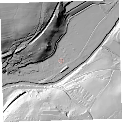 Shaded relief map of the ground around PL190HS, computed from Environment Agency LiDAR. The ground here sits at about 86 m above sea level and falls 75 m across the surrounding 800 m. Surface water reaching this point runs off ground lying to the north-north-west, 58.4 m higher.