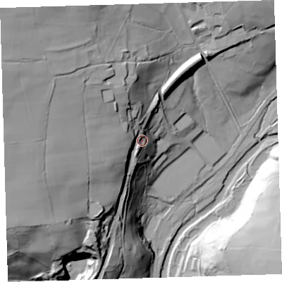 Shaded relief map of the ground around PL190JR, computed from Environment Agency LiDAR. The ground here sits at about 130 m above sea level and falls 80 m across the surrounding 800 m. Surface water reaching this point runs off ground lying to the west, 45.7 m higher.