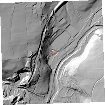 Shaded relief map of the ground around PL190JS, computed from Environment Agency LiDAR. The ground here sits at about 102 m above sea level and falls 77 m across the surrounding 800 m. Surface water reaching this point runs off ground lying to the west-north-west, 68.1 m higher.