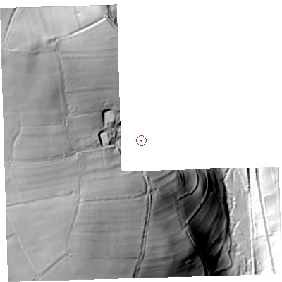 Shaded relief map of the ground around PL190JX, computed from Environment Agency LiDAR. and falls 89 m across the surrounding 800 m.