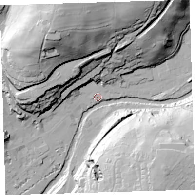 Shaded relief map of the ground around PL190LD, computed from Environment Agency LiDAR. The ground here sits at about 83 m above sea level and falls 81 m across the surrounding 800 m. Surface water reaching this point runs off ground lying to the north-north-east, 3.8 m higher.