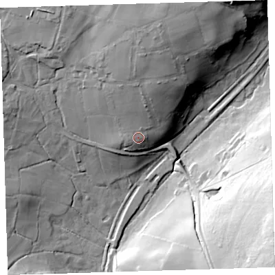 Shaded relief map of the ground around PL190LW, computed from Environment Agency LiDAR. The ground here sits at about 198 m above sea level and falls 66 m across the surrounding 800 m. Surface water reaching this point runs off ground lying to the north, 22.9 m higher.