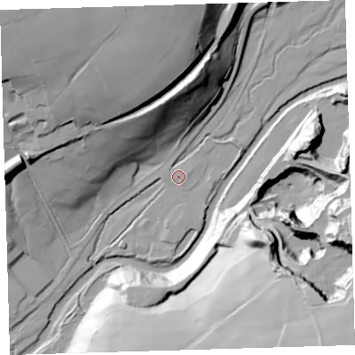 Shaded relief map of the ground around PL190NS, computed from Environment Agency LiDAR. The ground here sits at about 107 m above sea level and falls 84 m across the surrounding 800 m. Surface water reaching this point runs off ground lying to the north-north-east, 27.8 m higher.