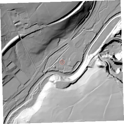 Shaded relief map of the ground around PL190NU, computed from Environment Agency LiDAR. The ground here sits at about 106 m above sea level and falls 79 m across the surrounding 800 m. Surface water reaching this point runs off ground lying to the north, 1.4 m higher.