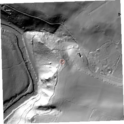 Shaded relief map of the ground around PL190PQ, computed from Environment Agency LiDAR. The ground here sits at about 108 m above sea level and falls 134 m across the surrounding 800 m. Surface water reaching this point runs off ground lying to the south-south-east, 13.0 m higher.
